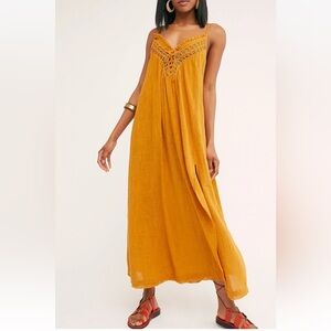 Free People Endless Summer Crochet Knit Gauzy Crinkle Cotton Maxi Dress Medium